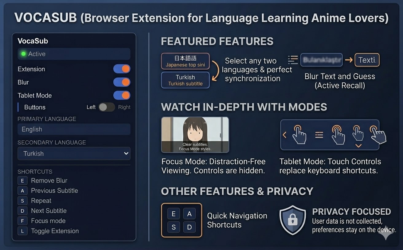 VocaSub feature overview showing all capabilities of the extension